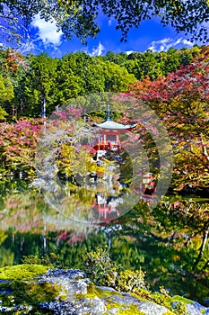 Japanese Traveling. Attractive Daigo-ji Temple During Beautiful Red Maples Autumn Season at Kyoto City in Japan. With Pond