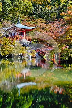 Japanese Traveling. Famous Daigo-ji Temple During Beautiful Red Maples Autumn Season at Kyoto City in Japan. With Pond Reflections