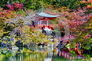 Japanese Traveling. Famous Daigo-ji Temple During Beautiful Red Maples Autumn Season at Kyoto City in Japan. With Pond Reflections