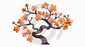 Japanese tree with orange cherry blossom. Spring blooming flowers on branches and trunk. Modern illustration in flat