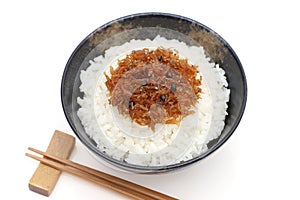 Japanese tsukudani of chirimen jako on rice