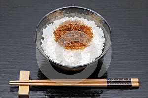 Japanese tsukudani of chirimen jako on rice