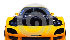 Japanese tuned yellow sports car. Front view. White background. Front view