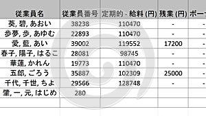 Japanese. Typing Company Payroll Financial Figures Numbers For The Current Period in Spreadsheet. Type Up Employee Pay