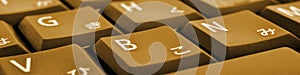 Japanese typing. Laptop keyboard closeup. Symbols on buttons of hiragana. Bright brown tinted computer banner or header.