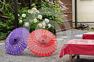 Japanese umbrella in a Kissaten. Concept of Japanese culture. Kyoto, Japan.