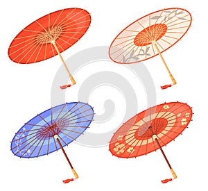 Japanese umbrellas. Beautiful traditional asian umbrella, paper parasol of oriental asia culture japan or china