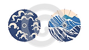 Japanese Umbrellas Top View, Circular Canopy With A Beautiful, Pattern Clouds And Mountain Peaks, Vector Illustration