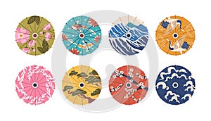 Japanese Umbrellas Top View. Traditional Asian Paper Japan Or Chinese Parasol With Beautiful Patterns Vector Set