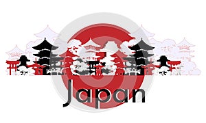 Japanese vector horizontal banner on a white background. National architecture, trees, weather and tori