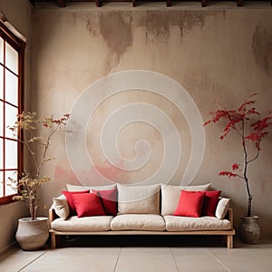 Japanese, wabi-sabi style home interior design of modern living room.