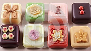 Japanese wagashi confections come in a variety of shapes and colors.