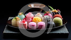 Japanese wagashi traditional sweets on a lacquered tray. The colorful confections. A healthy dessert made from natural