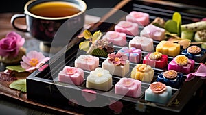 Japanese wagashi traditional sweets on lacquered tray. The colorful confections. A healthy dessert made from natural