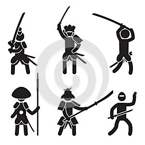 Japanese warrior icon set. Samurai and Ninja. Vector.