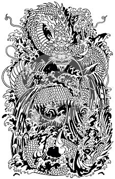 Japanese water dragon. Black and white illustration