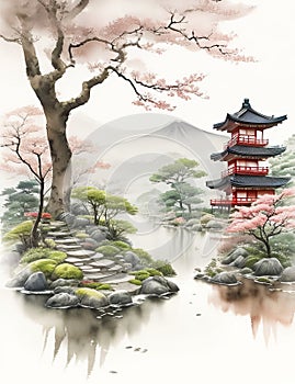 Japanese watercolor scene with a sensation of a fairy garden and a subdued color scheme.