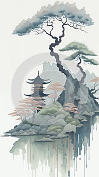 Japanese watercolor scene with a sensation of a fairy garden and a subdued color scheme.