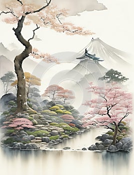 Japanese watercolor scene with a sensation of a fairy garden and a subdued color scheme.