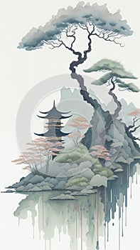 Japanese watercolor scene with a sensation of a fairy garden and a subdued color scheme. photo