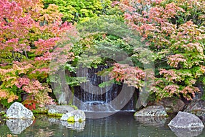 Japanese Waterfall Landscape During Autumn at Koko-en, Himeji, J