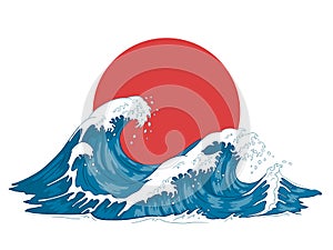 Japonés ola. japonés el gran ondas furioso Océano a antiguo el mar Agua ilustraciones 