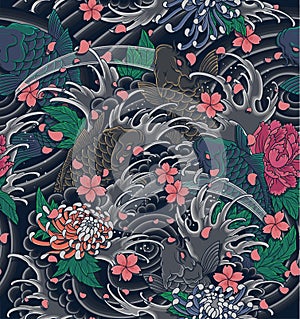 Japanese Wave and Koi Illustration as a seamless pattern