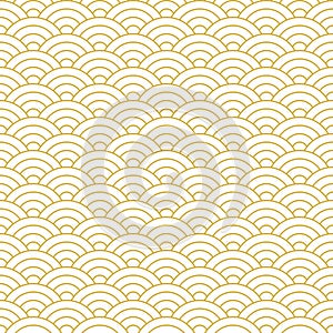 Japanese wave line pattern vector. Seigaiha in gold and white. Seamless luxury ocean waves circles background.