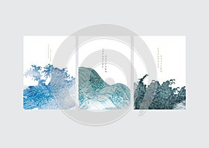 Japanese wave pattern with art landscape banner. Abstract background with blue texture vector. Watercolor painting banner in