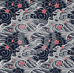 Japanese wave with sakura seamless pattern for textile, background, garments or wallpaper photo