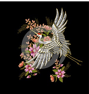 Japanese white crane and flowers. Embroidery vector.