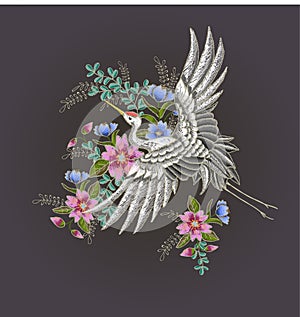 Japanese white crane and flowers. Embroidery vector.