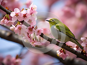 Japanese White Eye on a Cherry Blossom Tree