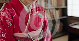 Japanese woman, art and calligraphy for drawing, creativity or sketching with thinking, ideas and home. Girl, person or