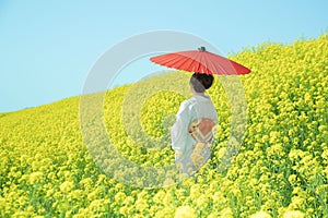 Japanese woman in a beautiful yellow flowers field