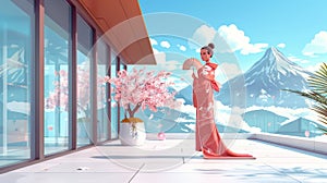 Japanese woman holding a fan on a terrace with a mountain and blossoming sakura landscape. Sketch modern illustration of