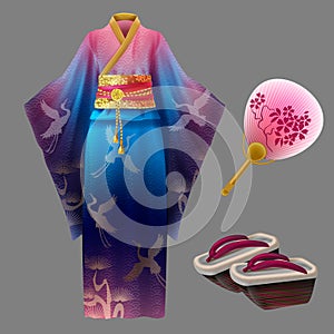 Japanese woman kimono geisha dress, yukata geta