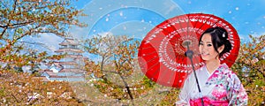 Japanese woman kin Kimono dress with Aizu-Wakamatsu Castle and cherry blossom