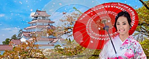 Japanese woman kin Kimono dress with Aizu-Wakamatsu Castle and cherry blossom