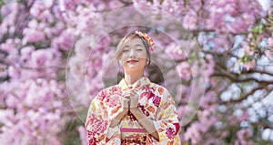 Japanese woman in traditional kimono dress is making a new year wish for good fortune while walking in the park at cherry blossom