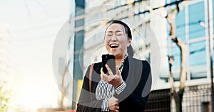 Japanese woman, phone call and funny in city with laugh, chat and networking on metro sidewalk. Business person