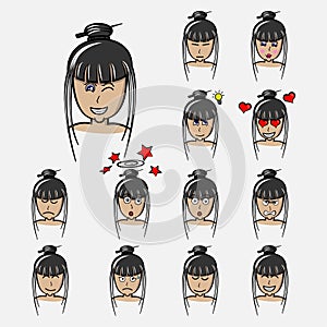 Japanese woman`s emotions set. Facial expression. Girl Avatar. Hand drawn style vector