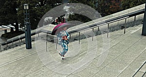 Japanese woman, umbrella and walk outdoor in kimono on stairs, city and wellness for heritage. Young person, relax and