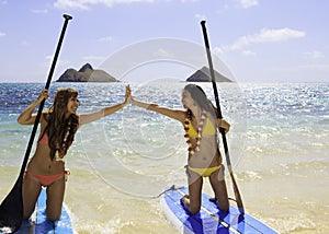 Japanese women on paddleboards