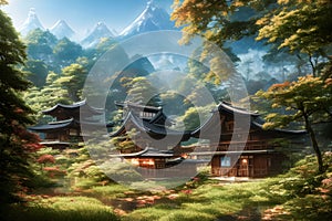 Japanese wooden house with lake and mountains concept art