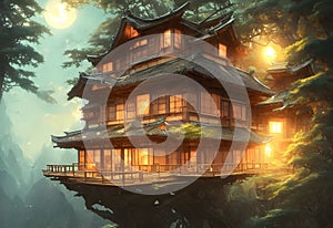 Japanese wooden house with light of moon concept art