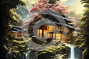 Japanese wooden house with light of moon concept art