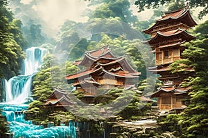 Japanese wooden house with waterfall and mountains concept art