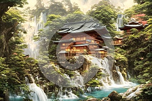 Japanese wooden house with waterfall and mountains concept art