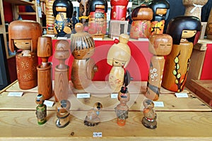 Japanese wooden kokeshi dolls in Kimono suit, which are a toy for girls and boys